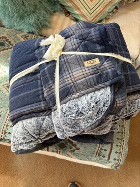 UGG Queen Reversible Plaid Quilt Blanket w/ 1 Sham Blue Gray Faux Fur Cozy Set Q
